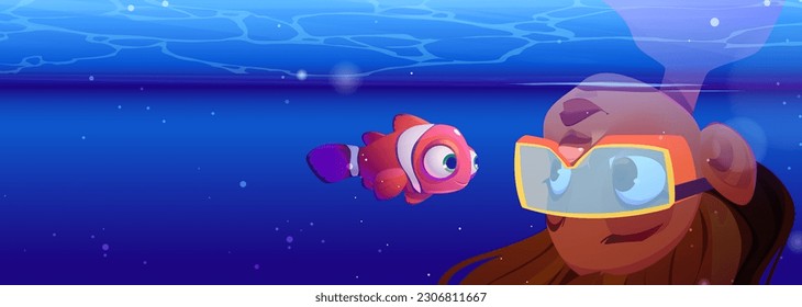 Girl diving in ocean underwater cartoon adventure. young curious undersea water diver and deep snorkeling vector background illustration. Woman swimmer head down in blue sea and meet clownfish