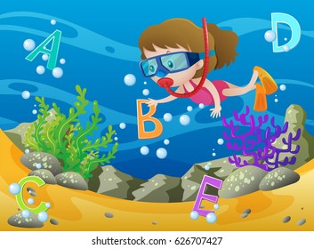 Girl diving underwater with english alphabets illustration