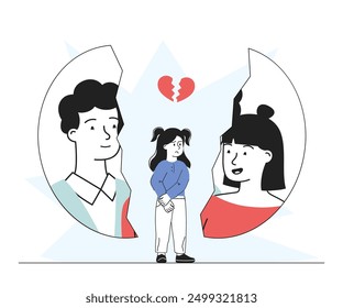 Girl with divorced parents. Sad child stands next to torn photography of her parents. Childhood trauma from conflicts between mother and father. Depression and frustration. Linear vector illustration