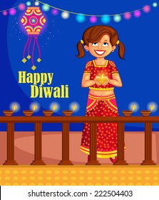 Girl with diya celebrating Diwali in vector