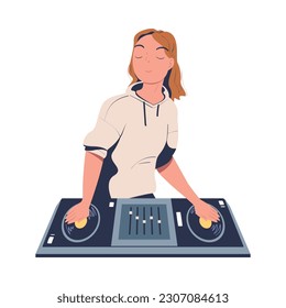 Girl DJ mixing music at console mixer at party or nightclub cartoon vector illustration