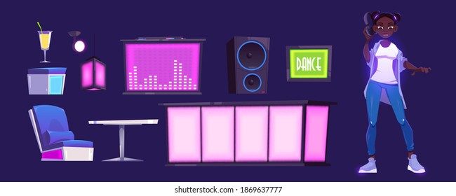 Girl dj and nightclub equipment with bar counter, table and mixer console. Vector cartoon set of dance club furniture, music turntable and speaker. Young woman with headphones at night party