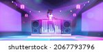 Girl dj in nightclub with mixer console. Vector cartoon illustration of disco club interior with dance floor, music turntable, speakers, neon lamps and african american woman with headphones
