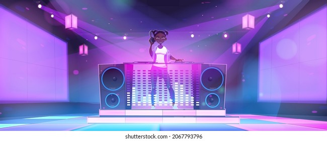 Girl dj in nightclub with mixer console. Vector cartoon illustration of disco club interior with dance floor, music turntable, speakers, neon lamps and african american woman with headphones
