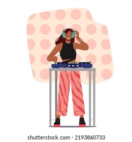 Girl Dj in Nightclub Playing Samples at Mixer Console during Disco Party Entertainment in Club. African American Woman in Headphones Play Music on Turntable, Speakers. Cartoon Vector Illustration
