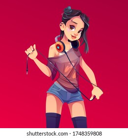 Girl dj playing music on party, disco or nightclub. Young woman in shorts with piercing on face. Vector cartoon illustration of cute female character, teenage girl with headphones