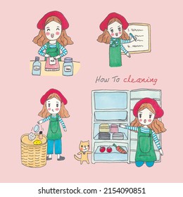 Girl do 4 activities to clean the kitchen, refrigerator, throw away trash.