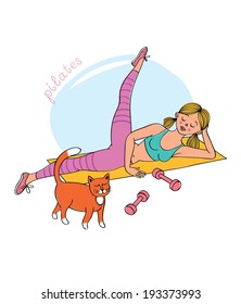 Girl do Pilates. Next it goes a red cat.