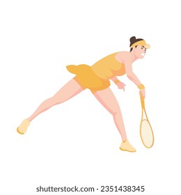 Girl do serve in Tennis sport, Happy women playing tennis in yellow suit in isolated white background