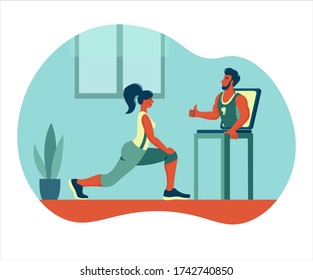 the girl do sport with a trainer through a laptop. Training online from home. concept for remote workout  in quarantine from home. vector trend illustration