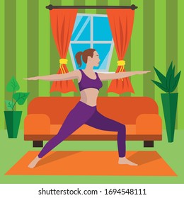 Girl do sports at home. Woman doing yoga pose exercise among orange sofa and indoor plants. Spiritual and physical practice at home. Vector illustration in cartoon style.