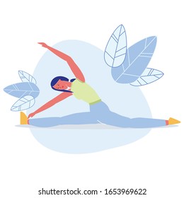 Girl do Twine, Reaching Toes Vector Illustration. Young Slim Sportswoman Cartoon Character. Smiling Fitness Trainer, Instructor Working out. Flexibility Training, Yoga Pose, Forward Bend