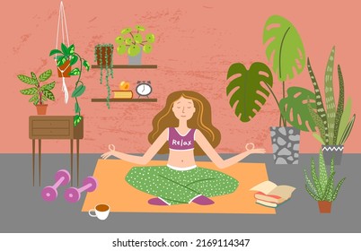 Girl do yoga at home with plants. Houseplants vector illustrations. Urban jungles. Culd be used for web, notebook, phone case, etc