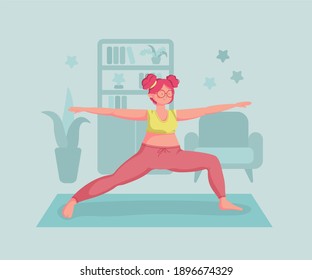 A girl do yoga. A woman in warrior 2 asana. Yoga at home