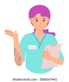 The girl is a doctor with an alternative appearance with tattoos on her arm in a medical uniform with a folder. A nurse with pink hair. Isolated illustration on a white background