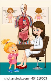 Girl and doctor at the clinic illustration