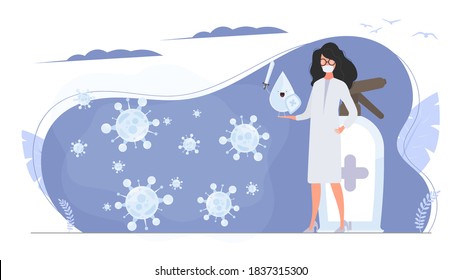 Girl doctor holds a sanitizer in her hands. Medical woman in a white coat. A drop with a sword and shield surrounded by virus molecules. Disinfectant in flat style. 