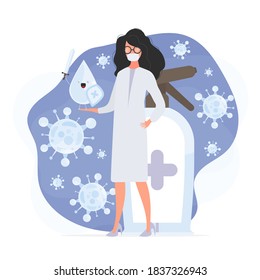 Girl doctor holds a sanitizer in her hands. Medical woman in a white coat. A drop with a sword and shield surrounded by virus molecules. Disinfectant in flat style. 