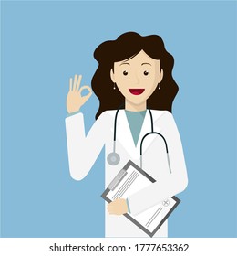 A girl doctor holds a sheet of illness and shows with her fingers that everything is in order.
Smiling medical professional in a white coat. Vector image.