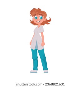 The girl doctor looks funny and pretty when she wears her special clothes. Vector Illustration.