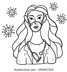 A girl doctor in a mask with the covid-19 virus. Stay home. Take care of yourself. Black and white outline drawing, coloring book