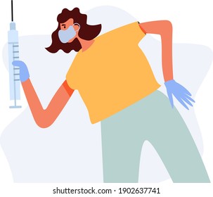 a girl doctor in a medical mask and protective gloves holds a large syringe with a vaccine against the virus in her hand, a doctor with an injection