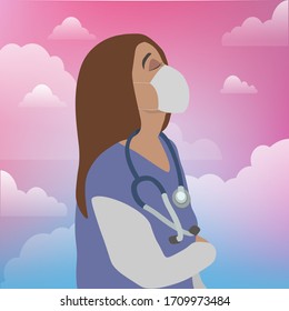 Girl doctor in a medical mask a stethoscope on her neck, she looks tiredly at the sky