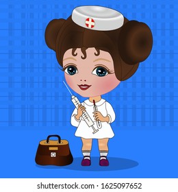 a girl doctor stands and holds a syringe in one hand and a thermometer in the other, color emoticon on checkered background