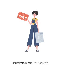 Niña con un documento y una tableta en sus manos a la venta. Concepto de venta inmobiliaria. Aislado. Ilustración vectorial.
