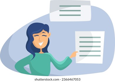 Niña con documentos, ilustración, vector sobre fondo blanco.