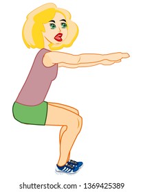 Girl does exercise a squat on white background is insulated