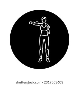 Girl does exercises with dumbbell for her hands black line icon. Pictogram for web page, mobile app, promo.