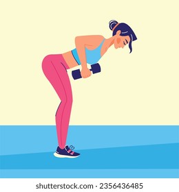 Girl does exercises with dumbbell for triceps color concept. Sporty young woman in uniform. Digital illustration for web page, mobile app, promo.