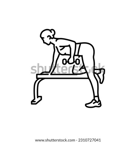Girl does exercises with dumbbell for triceps black line icon. Pictogram for web page, mobile app, promo.