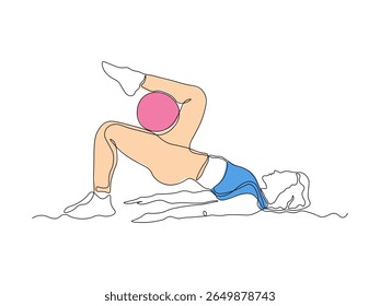 A girl does exercises, gymnastics, Pilates, aerobics lying with gym ball. continuous single one line art hand drawing sketch logo 
