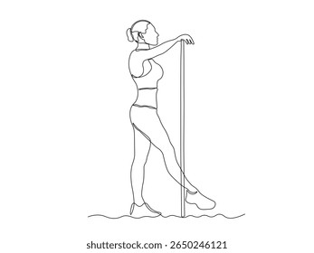 Uma menina faz exercícios, ginástica, pilates, aeróbica deitada com palma de ginástica. contínua única linha arte mão desenho esboço logotipo 