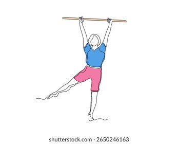 Uma menina faz exercícios, ginástica, pilates, aeróbica deitada com palma de ginástica. contínua única linha arte mão desenho esboço logotipo 