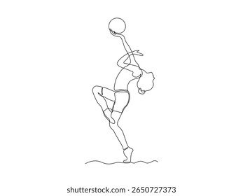 Uma menina faz exercícios, ginástica, pilates, aeróbica com bola de ginástica. contínua única linha arte mão desenho esboço logotipo 