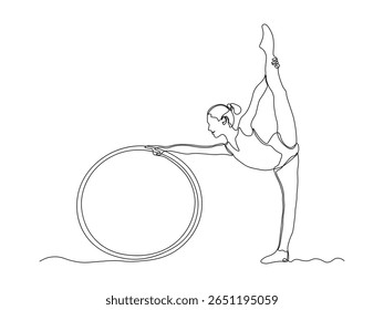 A girl does exercises, gymnastics, Pilates, aerobics lying with gym hoop. continuous single one line art hand drawing sketch logo 