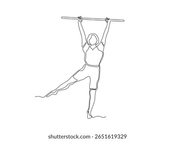 Uma menina faz exercícios, ginástica, pilates, aeróbica deitada com palma de ginástica. contínua única linha arte mão desenho esboço logotipo 