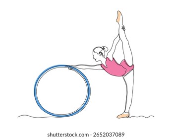 Uma menina faz exercícios, ginástica, pilates, aeróbica deitada com aro de ginástica. contínua única linha arte mão desenho esboço logotipo 