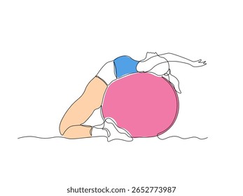 Uma menina faz exercícios, ginástica, pilates, aeróbica deitada com as costas em uma bola de ginástica. contínua única linha arte mão desenho esboço logotipo 