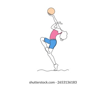 Uma menina faz exercícios, ginástica, pilates, aeróbica com bola de ginástica. contínua única linha arte mão desenho esboço logotipo 