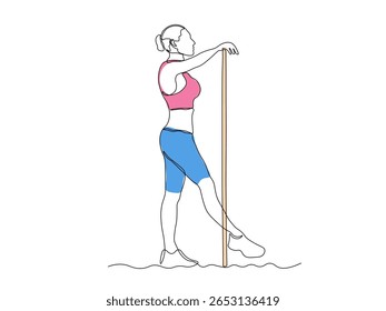 Uma menina faz exercícios, ginástica, pilates, aeróbica deitada com palma de ginástica. contínua única linha arte mão desenho esboço logotipo 