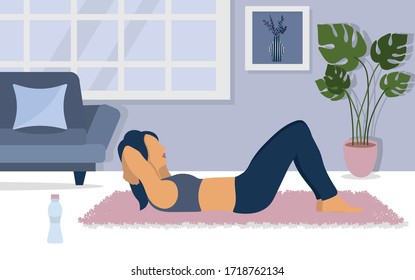 The girl does exercises. Sport at home. Covid-19 quarantine-stay home concept. Home activities. Vector illustration. Bedroom Interior.