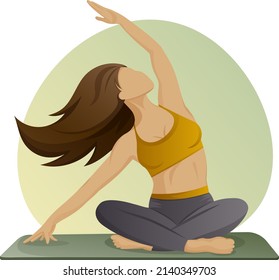 The girl does exercises, stretching or yoga on a sports mat. Workout at home or in the gym. Taking care of yourself and your body. Vector illustration.