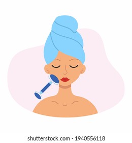 The girl does a facial massage with a roller massager. Vector character in a flat style. A woman with a towel on her head at a cosmetologist's appointment.