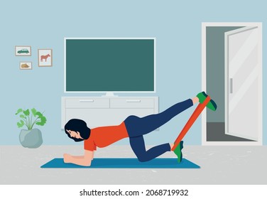 The girl does fitness in the living room, exercises with an elastic band.  Home gym.Vector illustration.