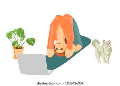 The girl does gymnastics at home, looks at the laptop, next to the cat. Healthy lifestyle and the concept of home yoga at home. Stock vector illustration.