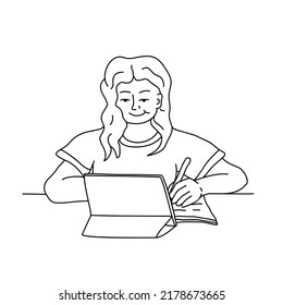 The girl does her homework on the video as a lesson. Online learning vector stock illustration. The concept of online learning at home, distance learning.